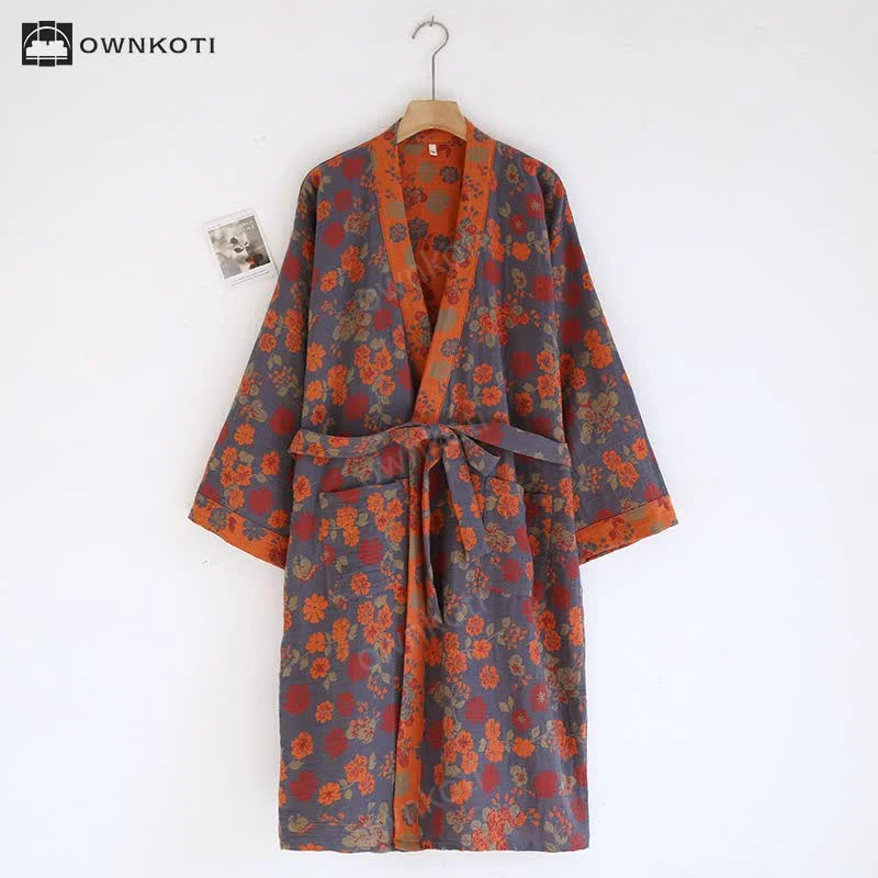 Elegant Ownkoti Jacquard Floral Kimono Cotton Gauze Bathrobe Comfortable