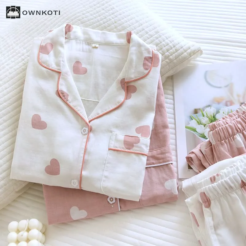 Solid Ownkoti Cotton Gauze Heart Print Soft Pajama Set Outstanding