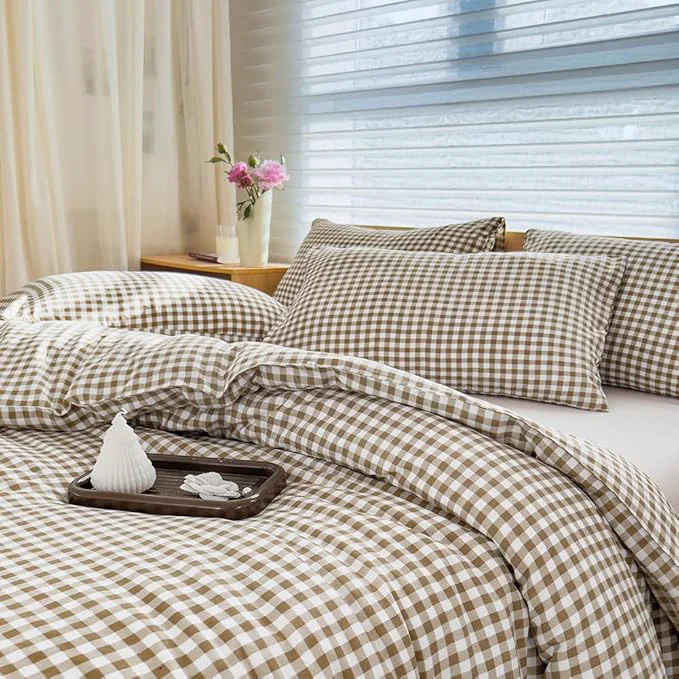 Detailed NSNLGSGC Queen Comforter Set Tan Gingham Bedding Comforter Sets Brown Grid Bed Comforter 3 Pieces 1 Comforter 2 Pillowcases Dependable