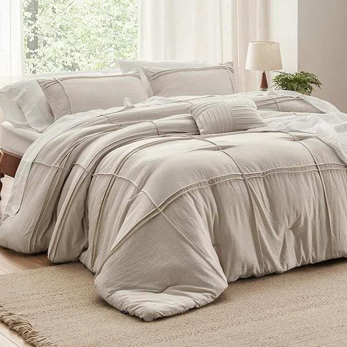 Recyclable Bedsure Full Comforter Set – 4 Pieces Grid Pleat Bed Set Beige Boho Bedding for All Season 1 Soft Comforter 2 Pillowcases 1 Decorative Pillow Clean