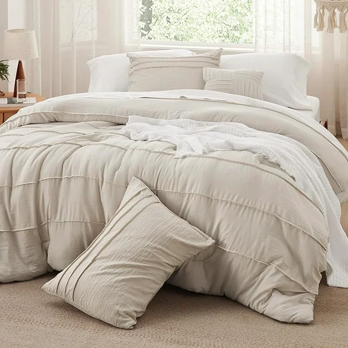Eco-Friendly Bedsure California King Comforter Set – 4 Pieces Pinch Pleat Bed Set Beige Boho Bedding for All Season 1 Soft Comforter 2 Pillowcases 1 Decorative Pillow Durable
