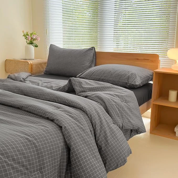 Contemporary NSNLGSGC Queen Comforter Set Dark Gray Plaid Bedding Comforter Sets Charcoal Grid Bed Comforter 3 Pieces 1 Comforter 2 Pillowcases Long-Lasting