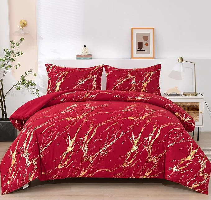 Long-Lasting WONGS BEDDING Red Gold Metallic Marble Comforter Set Queen Red Christmas Bedding Sets with 2 Pillowcases for All Seasons Soft Microfiber Filling Bedding Duvet Set 90 quot x90 quot Proven
