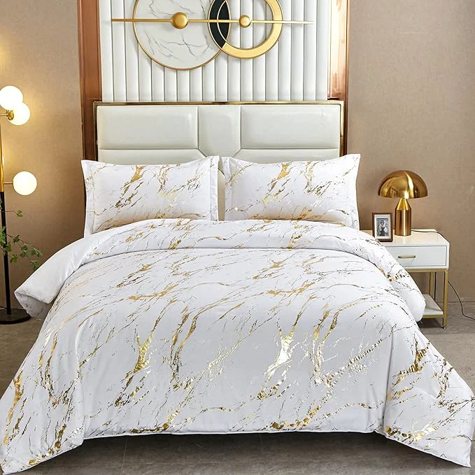 Prestigious WONGS BEDDING White Gold Metallic Marble Comforter Set California King Foil Print Glitter Bedding Sets with 2 Pillowcases for All Seasons Soft Microfiber Filling Bedding Duvet Set 104 quot x96 quot First-Class
