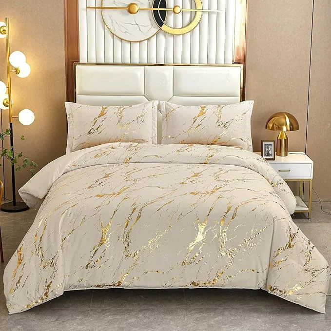 Prestigious WONGS BEDDING Gold Metallic Marble Khaki Comforter Set Full Foil Print Glitter Bedding Sets with 2 Pillowcases for All Seasons Soft Microfiber Filling Bedding Duvet Set 78 quot ×90 quot Detailed