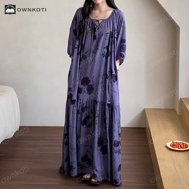 Unique Ownkoti Retro Floral Breathable Soft Long Nightdress Functional