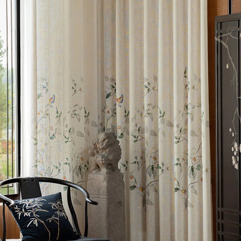 Fast Ownkoti Bird and Plant Print Sheer Linen Gauze Curtain Trendy