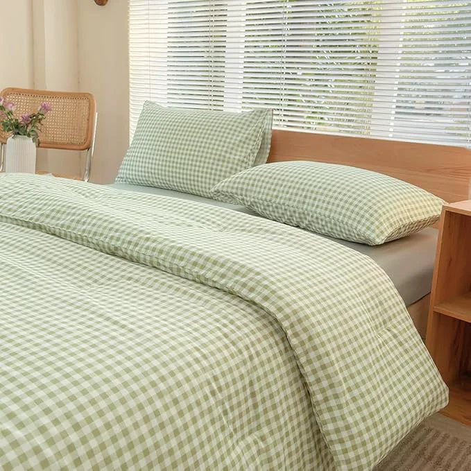 Practical NSNLGSGC Queen Comforter Set Sage Green Gingham Bedding Comforter Sets Green Grid Bed Comforter 3 Pieces 1 Comforter 2 Pillowcases Advanced