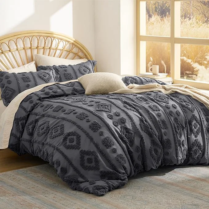 Durable Bedsure Boho Tufted Grey Comforter Set Queen Size GentleSoft™ 3 Pieces Boho Farmhouse Decor Bedding Exquisite Shabby Chic Bedding for All Seasons 1 Bed Comforter 2 Pillow Shams 90×90 Inches High-Grade