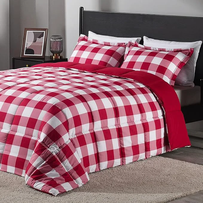 Fashionable downluxe Lightweight Plaid Comforter Set Twin with 1 Pillow Sham – 2-Piece Set – Red White Plaid – Down Reversible Comforter Sustainable