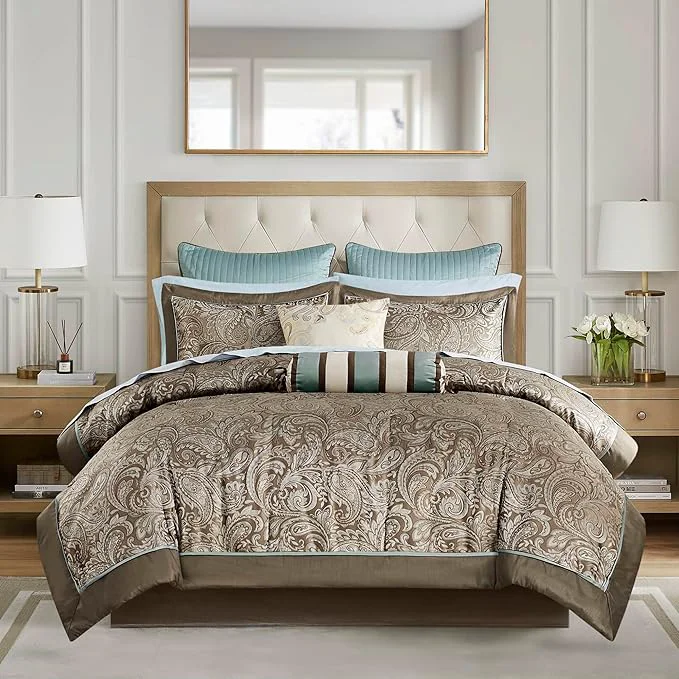 Advanced Madison Park Aubrey Cozy Comforter Set Faux Silk Jacquard Paisley Design – All Season Down Bedding with Cotton Bed Sheets Bed Skirt amp Toss Pillows Queen Blue 12 Piece Premium Material