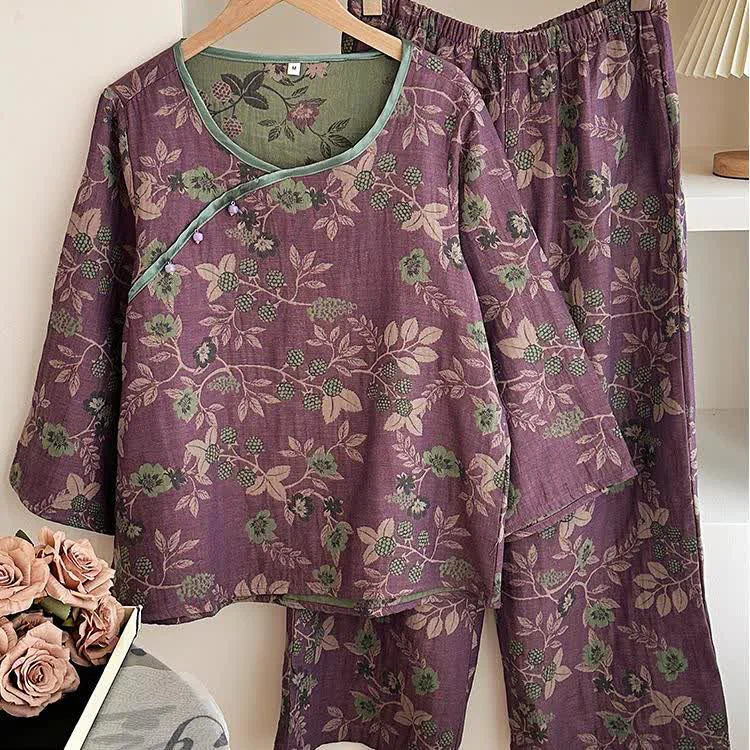 Fine Ownkoti Cotton Gauze Rural Mulberries Pajama Set Solid