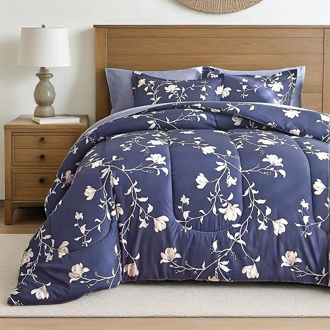 Sophisticated AIKASY Bed in a Bag King Comforter Set，7 Pieces Floral Comforter Set Bedding Sets with 1 Comforter 2 Pillow Shams 1 Flat Sheet 1 Fitted Sheet 2 Pillowcases Navy King Authentic