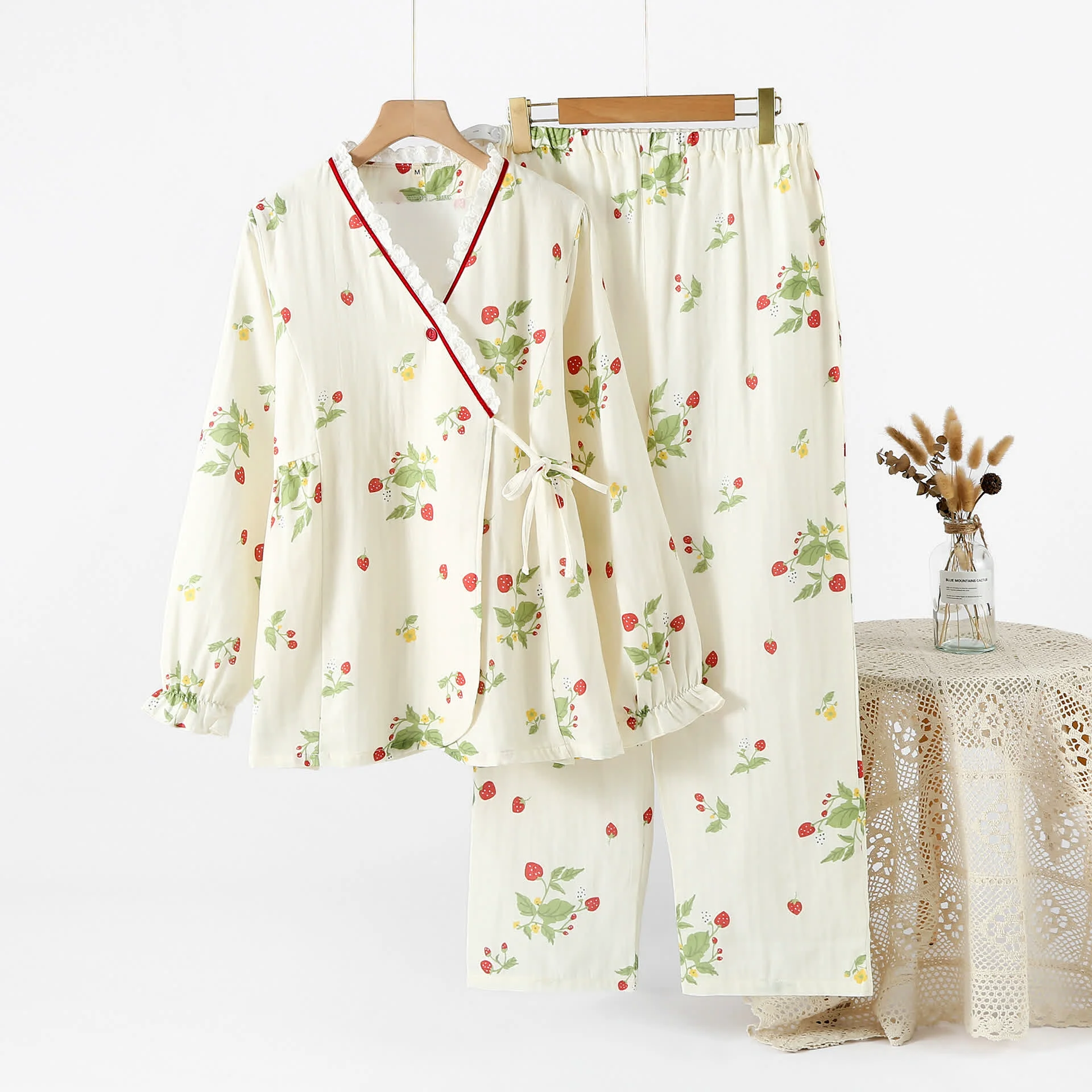 Crafted Ownkoti Strawberry Print Cotton Gauze Pajama Set Stylish