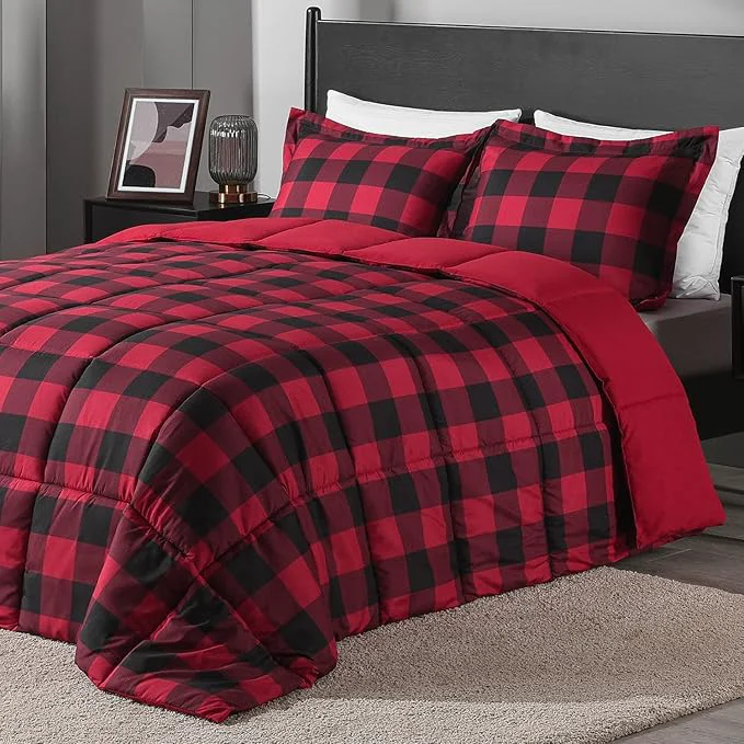 downluxe Lightweight Plaid Comforter Set King with 2 Pillow Shams – 3-Piece Set – Red Black Plaid – Down Reversible Comforter High-Performance