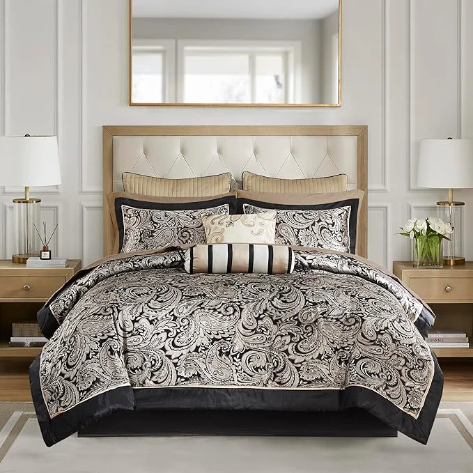 Clean Madison Park Aubrey Cozy Comforter Set Faux Silk Jacquard Paisley Design – All Season Down Bedding with Cotton Bed Sheets Bed Skirt amp Toss Pillows Queen Black 12 Piece Trendy
