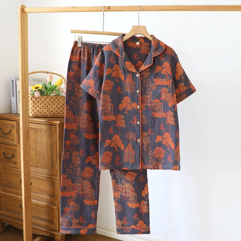 Effective Ownkoti Cotton Vintage Pine Jacquard Short Sleeve Loungewear Set Classic