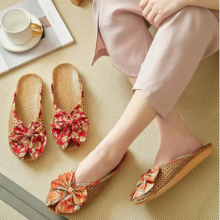 Elegant Ownkoti Rattan Woven Linen Bow-knot House Slippers Certified