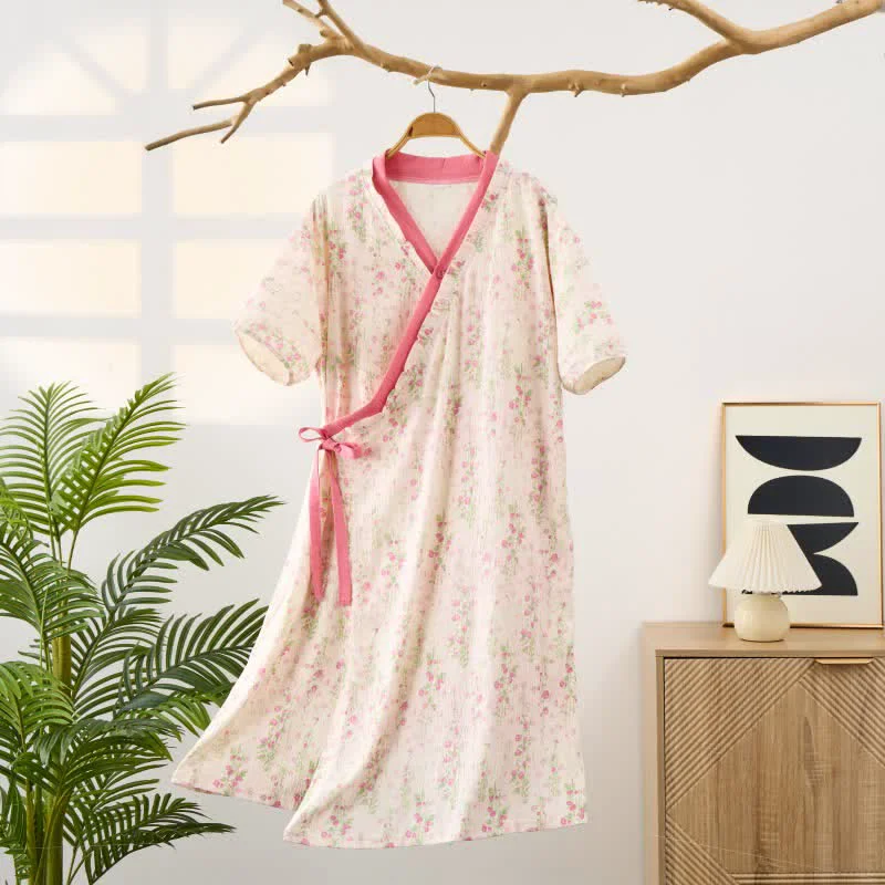 Minimalist Elegant Floral Print Tie-Back Pink Nightgown​ with Pocket Reusable