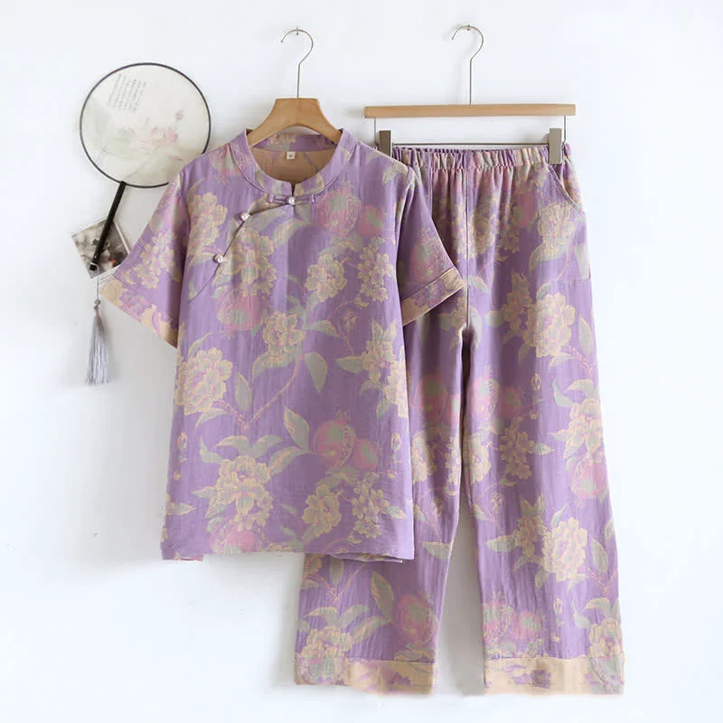 Long-Lasting Ownkoti Cotton Yarn-dyed Retro Short-sleeve Loungewear Set Exceptional