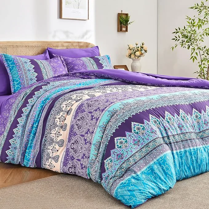 Carefully Designed Boho Comforter Set Queen – 7 Pieces Bed in a Bag Bohemian Striped Comforter Set with Sheets Soft Microfiber Purple Floral Bedding Set for All Season Stylish