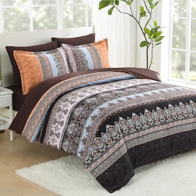 Luxury Boho Comforter Set Queen – 7 Pieces Bed in a Bag Bohemian Striped Comforter Set with Sheets Soft Microfiber Brown Floral Bedding Set for All Season Brown Queen Long-Lasting