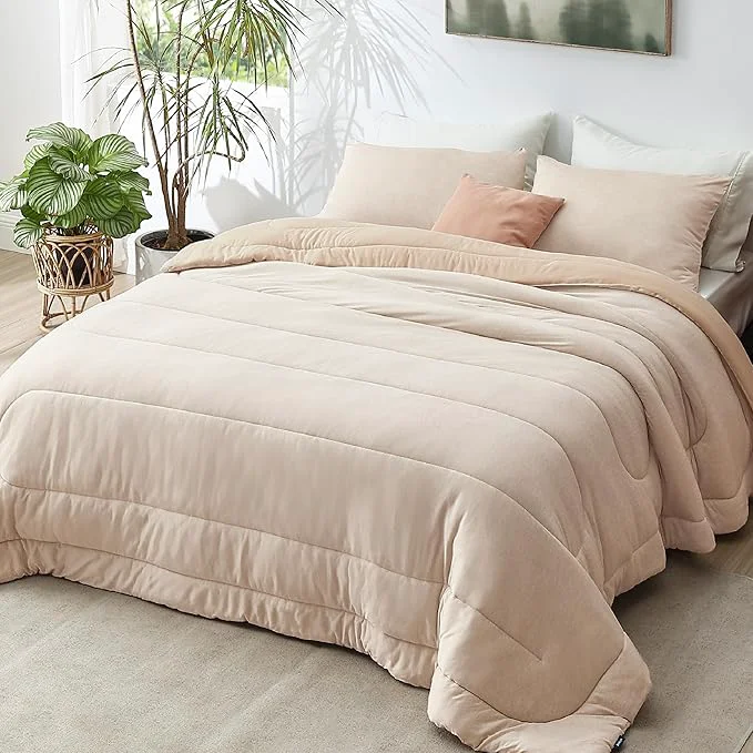 Solid Bedsure Full Comforter Set – Cooling and Warm Bed Set Beige Reversible Bedding for All Season 3 Pieces 1 Full Size Comforter 82 quot x88 quot and 2 Pillow Cases 20 quot x26 quot Healthy