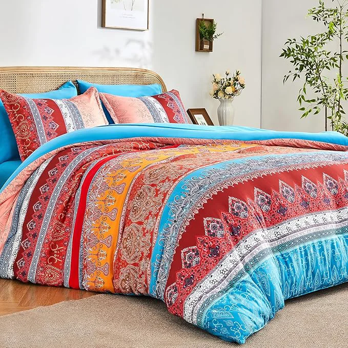 Optimized Coral Pink King Size Comforter Set Boho – 7 Pieces Floral Striped Comforter and Sheet Set Soft Bed in a Bag Complete Bedding Sets for All Season Coral Pink King Secure