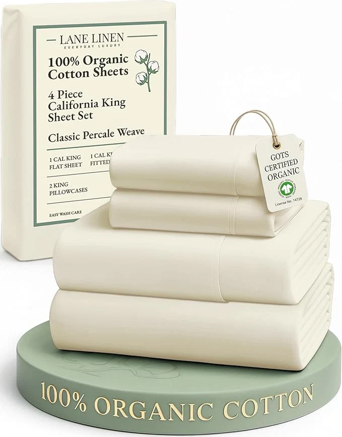 Safe LANE LINEN Organic Cotton California King Sheets Set 4-Piece Pure Organic Cotton Long Staple Percale Weave Soft Bedding Sheets for Bed Breathable Fits Mattress Upto 15 quot Deep – Natural Authentic