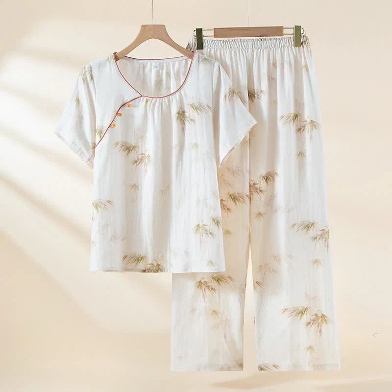 Stylish Ownkoti Vintage Bamboo Print Cotton Gauze Beaded Button Loungewear Set Certified