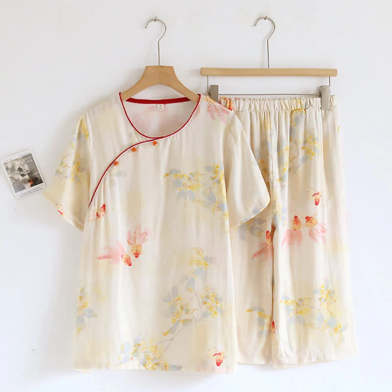 Unique Ownkoti Koi Floral Bamboo Fiber Short Sleeve Pajama Set Comfortable