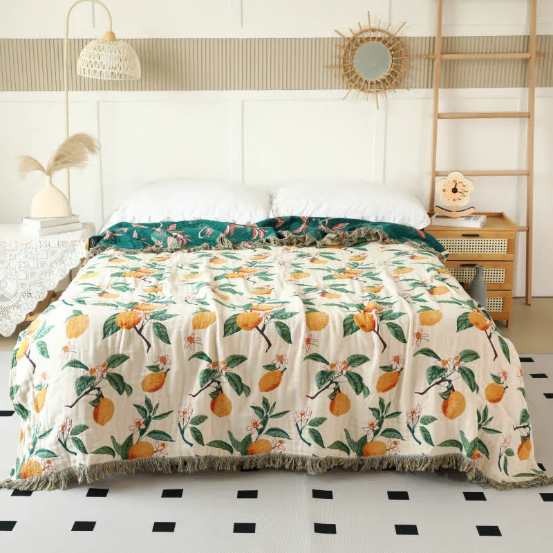 Genuine Ownkoti Lemon Print Cotton Gauze Tassel Reversible Quilt Recyclable