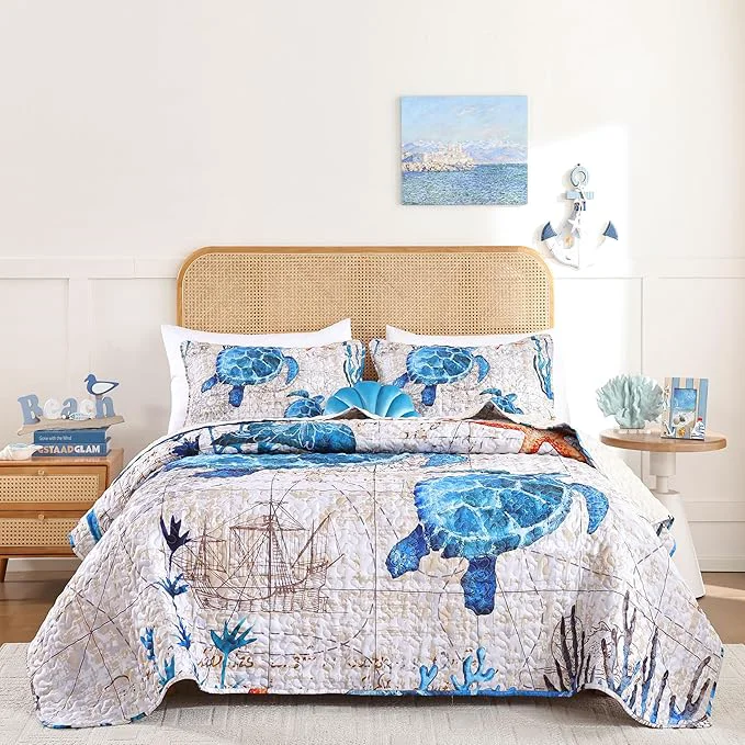 Clean weigelia Coastal Quilts Bedding Set Queen Size – Summer Vintage Sea Turtles Nautical Bedding Quilt with Pillow Cases Beach Reversible Quilt Set Bedspreads Coverlet Soft Lightweight Comforter Functional
