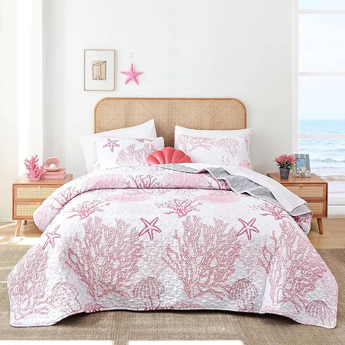 Smooth weigelia Coastal Quilts Bedding Set Queen Size – Pink Summer Nautical Bedding Quilt with Pillow Cases Beach Reversible Quilt Set Ocean Coral Bedspreads Coverlet Soft Lightweight Comforter Trusted