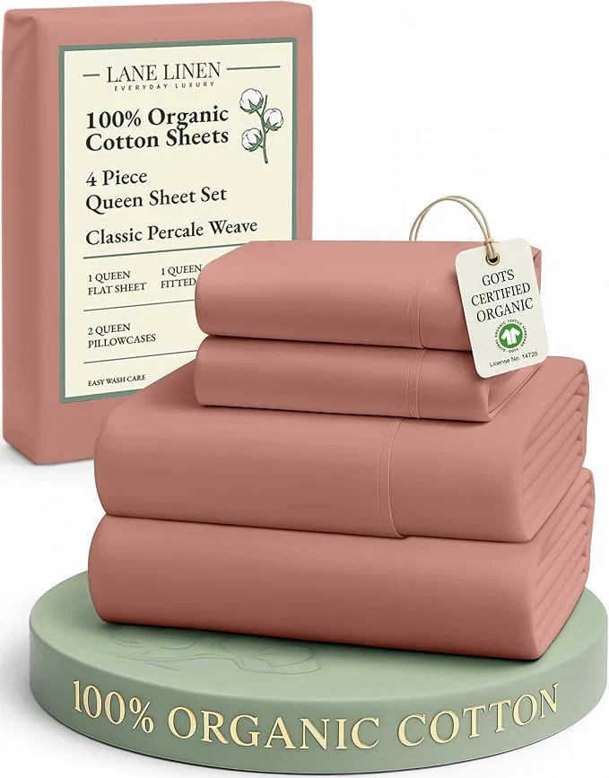 Versatile LANE LINEN Organic Cotton Queen Sheets Eco Friendly Mercerized Cotton Fully Elasticized Bedding Sheets amp Pillowcase Set Low Pill Fade Resistant Naturally Cooling Bedding Queen Size- Rose Dawn Minimalist