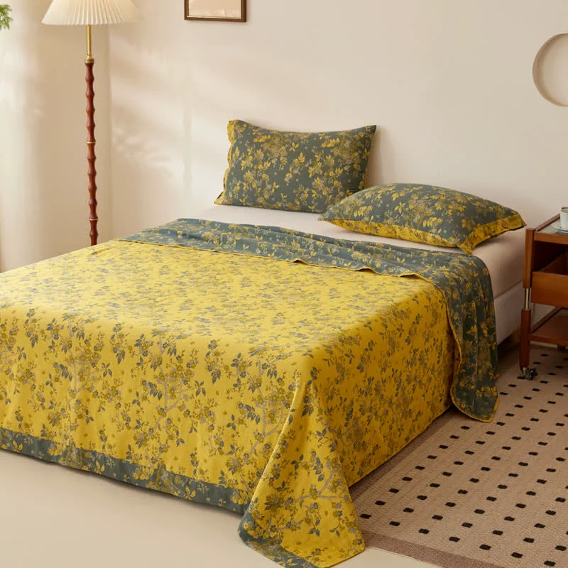 Contemporary Ownkoti Vintage Plum Blossom Cotton Gauze Yarn-dyed Reversible Coverle Natural