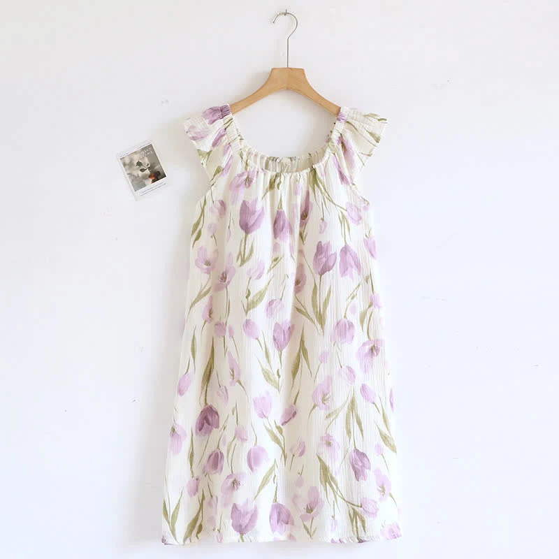 Functional Ownkoti Tulip Print Cotton Gauze Padded Camisole Nightdress User-Friendly