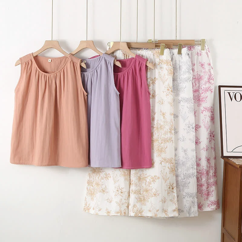 Stylish Ownkoti Elegant Floral Cotton Double-layer Gauze Loungewear Set Innovative