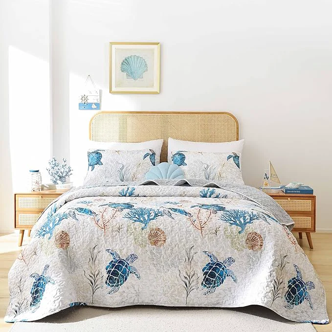 Efficient weigelia Coastal Quilt Set Queen Size – Sea Turtle Ocean Print Lightweight Soft Microfiber Summer Comforter with 2 Pillow Cases – Beach Bedding Coverlet Decor for All Seasons Bedroom amp Guest Room Healthy