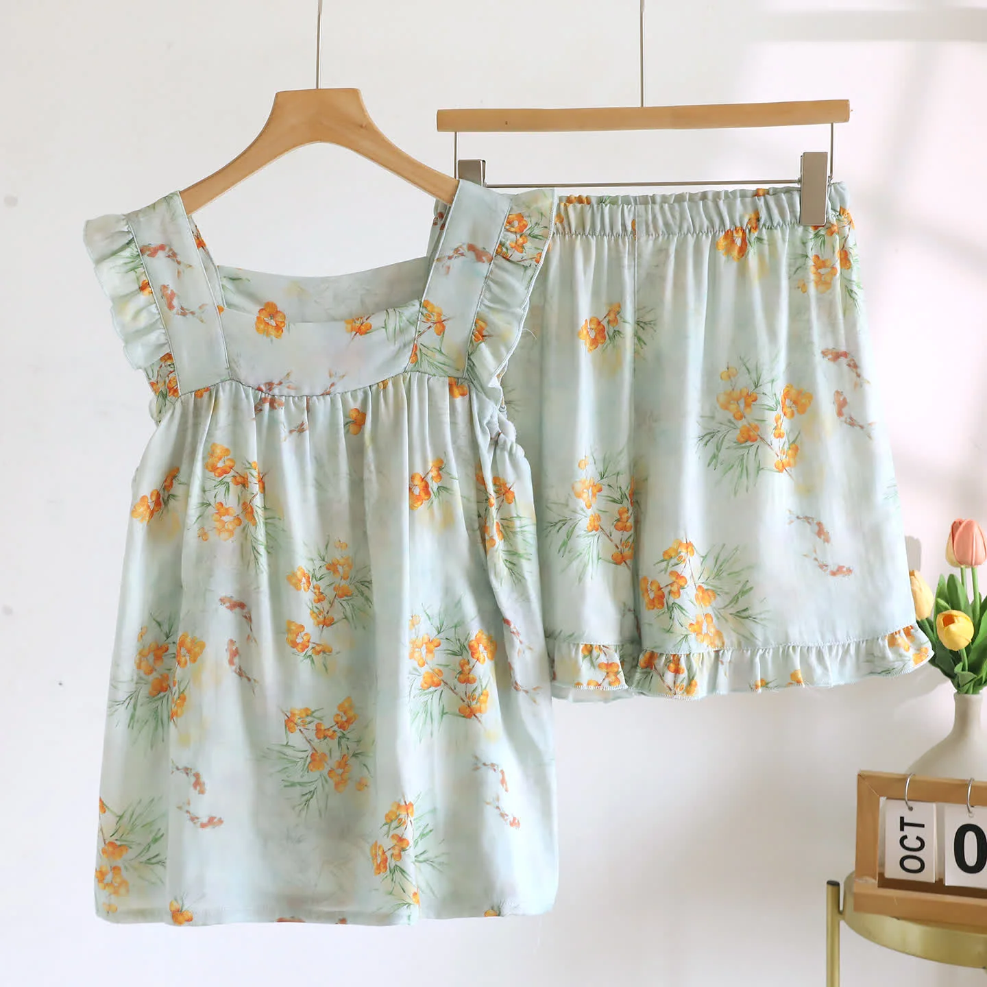 Easy-to-Use Ownkoti Loquat Print Ruffle Padded Camisole Loungewear Set High-Performance