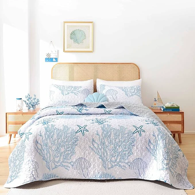Elite weigelia Coastal Quilts Bedding Set King Size – Blue Summer Nautical Bedding Quilt with Pillow Cases Beach Reversible Quilt Set Bedspreads Coverlet Soft Lightweight Comforter Sophisticated