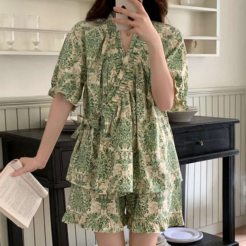 Innovative Ownkoti Green Floral Ruffle Sleeve Pajama Set Verified