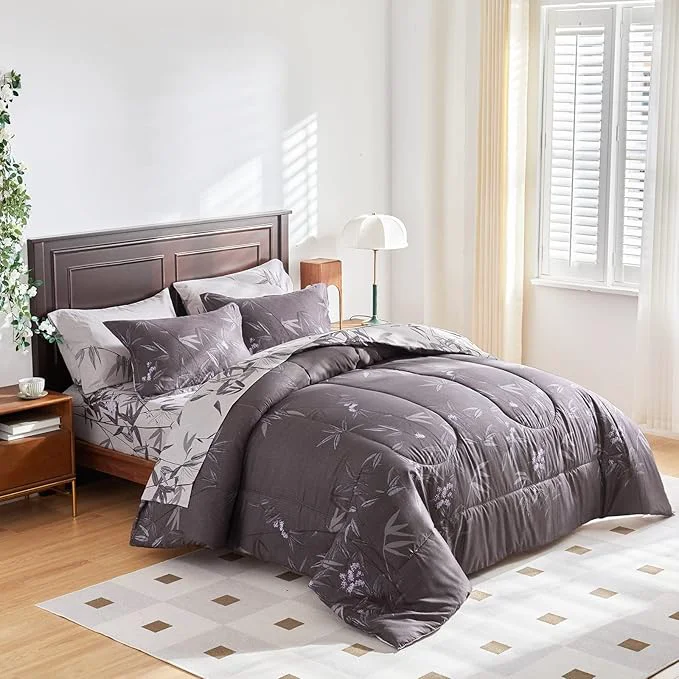 Top-Quality 7-Piece Bed in a Bag King Comforter Set with Sheets Black Leaves Botanical Design Lightweight Bedding for All Season 1 Comforter 2 Pillow Shams 1 Fitted Sheet 2 Pillowcases Secure