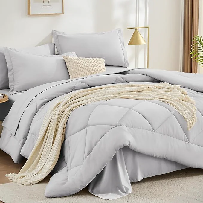 Recyclable FUANNA 7 Pieces Full Size Comforter Sets All Season Bedding Sets Full Size Luxury Soft Bed in a Bag with Comforter Flat Sheet Fitted Sheet Pillowcases amp Pillow Shams Light Grey Advanced