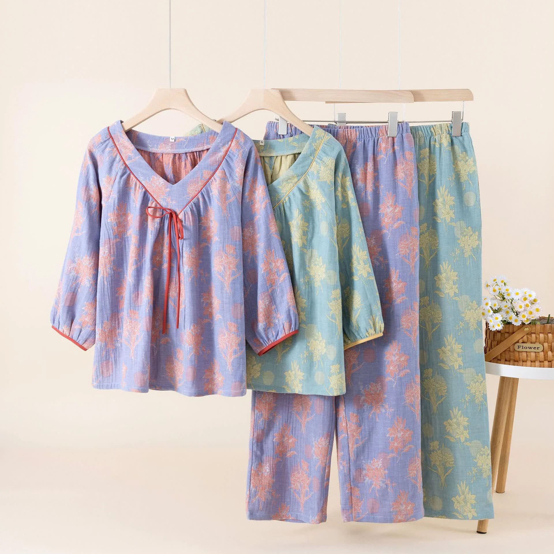 Green Ownkoti Oriental Lily Cotton Gauze Sleepwear Set Versatile