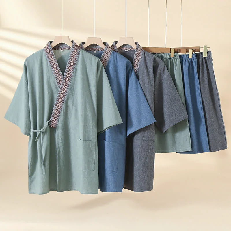 Traditional Ownkoti Solid Kimono Pajama with Geometric Collar Organic