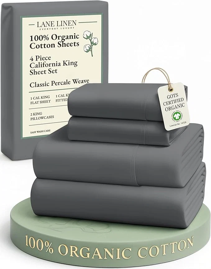 Eco-Friendly LANE LINEN Organic Cotton California King Sheets Set Fully Elasticized Reinforsed Seams in Fitted Pocket Machine Washable All Season Cal King Sheet Deep Pocket Bedding-Charcoal Secure