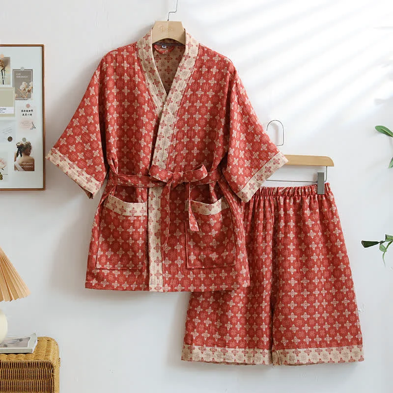 Specialty Ownkoti Unisex Red Geometric Cotton Kimono Loungewear Genuine