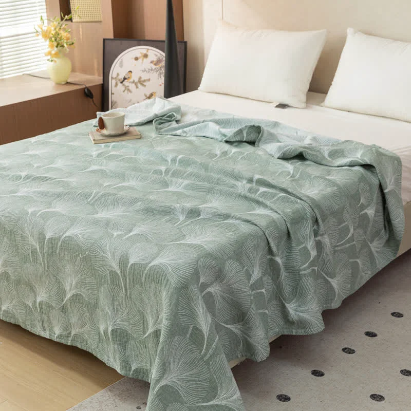 Sustainable Ownkoti Artistic Green Ginkgo Cotton Gauze Quilt Fine Crafted
