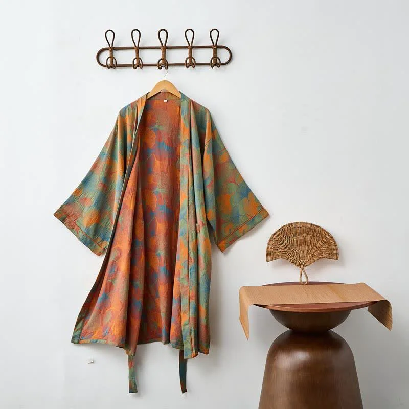 Powerful Ownkoti Ginkgo Leaf Print Cotton Kimono Robe Long-Lasting